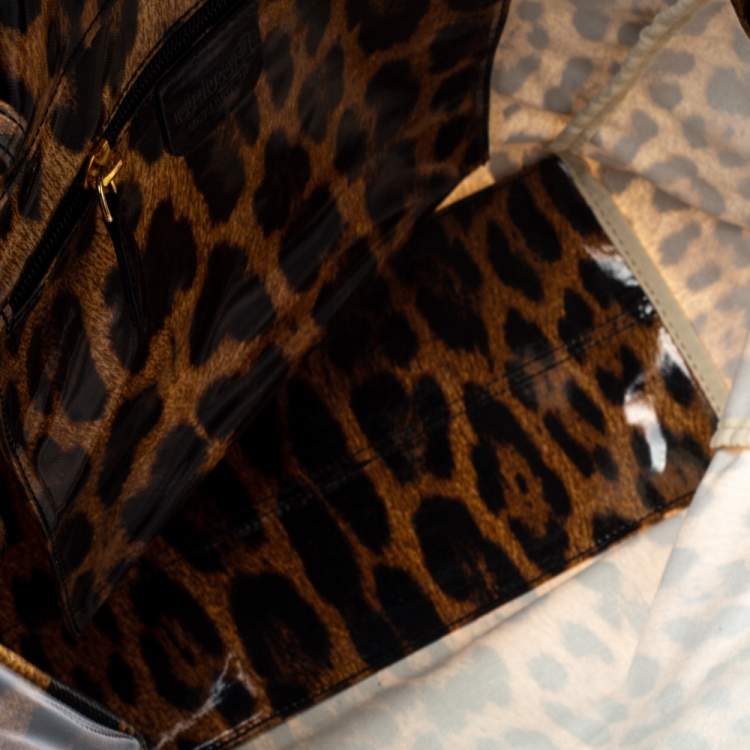 Pre Owned Roberto Cavalli Brown/Black Leopard  Print Patent Leather Tote