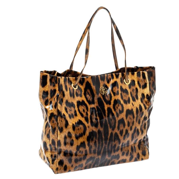Pre Owned Roberto Cavalli Brown/Black Leopard  Print Patent Leather Tote