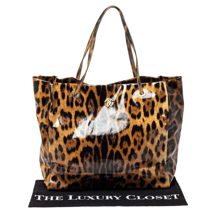 Pre Owned Roberto Cavalli Brown/Black Leopard  Print Patent Leather Tote