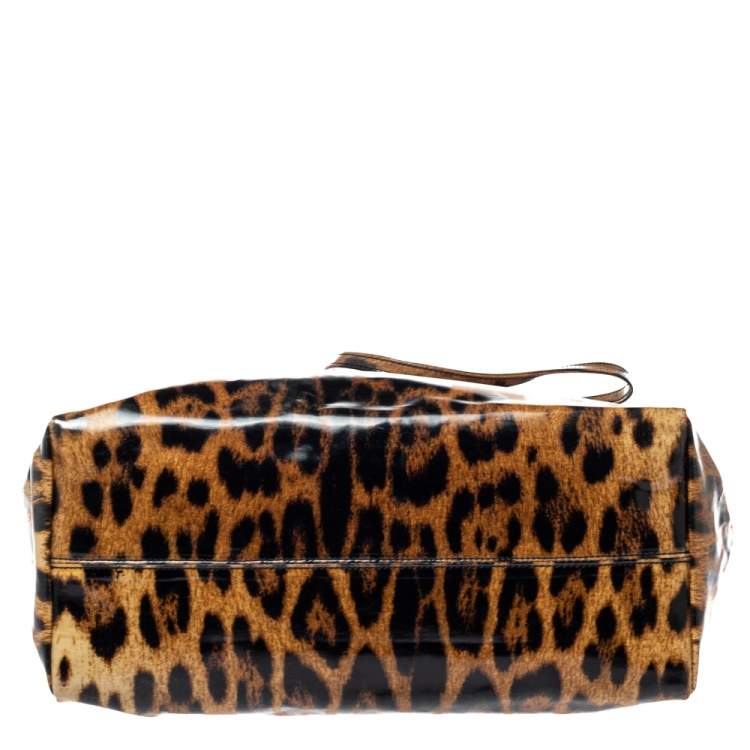 Pre Owned Roberto Cavalli Brown/Black Leopard  Print Patent Leather Tote
