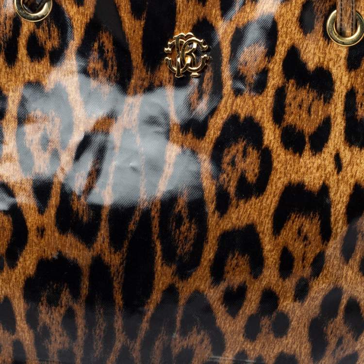 Pre Owned Roberto Cavalli Brown/Black Leopard  Print Patent Leather Tote
