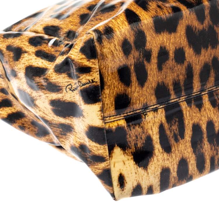 Pre Owned Roberto Cavalli Brown/Black Leopard  Print Patent Leather Tote