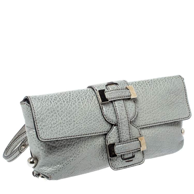 Pre Owned Roberto Cavalli Silver Grained Leather Metal Flap Clutch