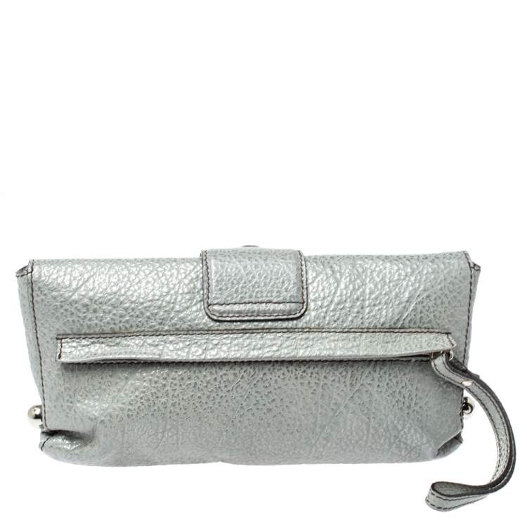 Pre Owned Roberto Cavalli Silver Grained Leather Metal Flap Clutch