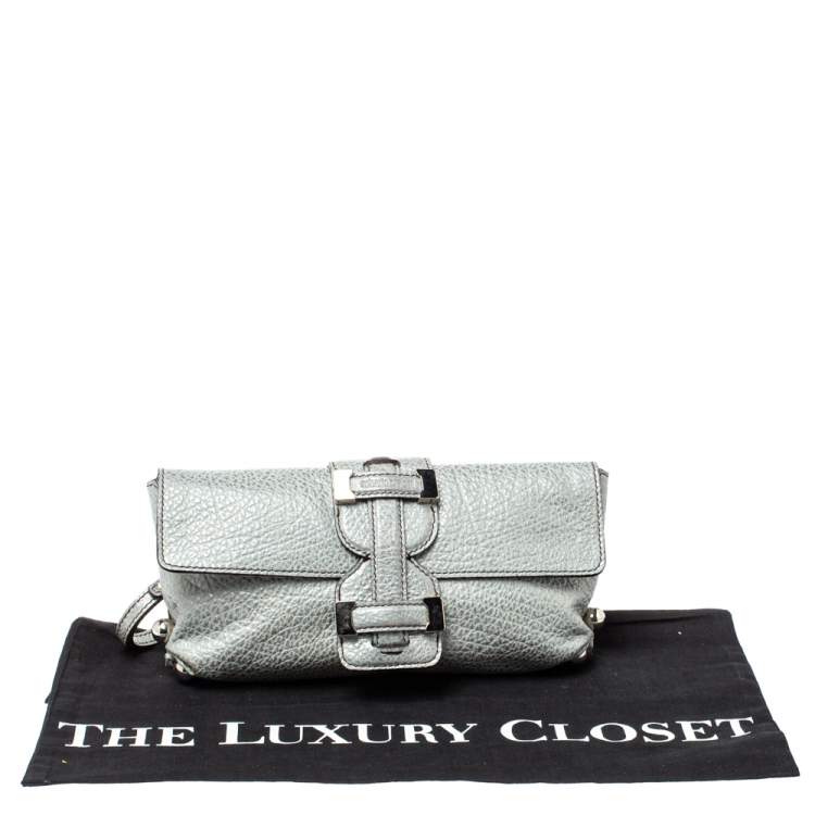 Pre Owned Roberto Cavalli Silver Grained Leather Metal Flap Clutch