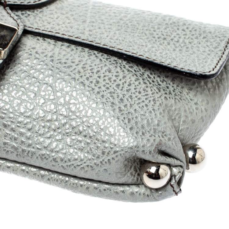 Pre Owned Roberto Cavalli Silver Grained Leather Metal Flap Clutch