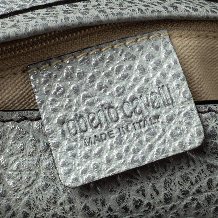Pre Owned Roberto Cavalli Silver Grained Leather Metal Flap Clutch