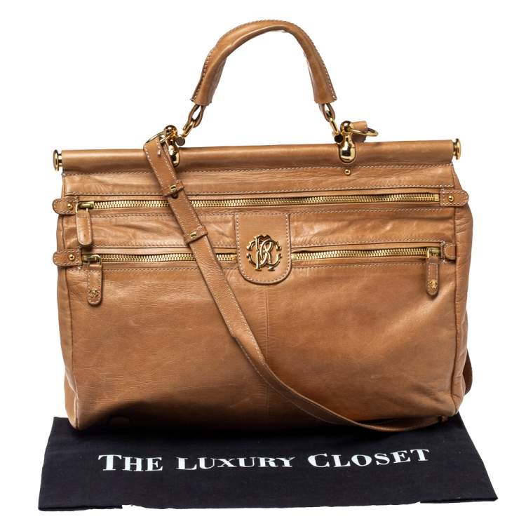 Pre Owned Roberto Cavalli Tan Leather Multiple Pocket Top Handle Bag