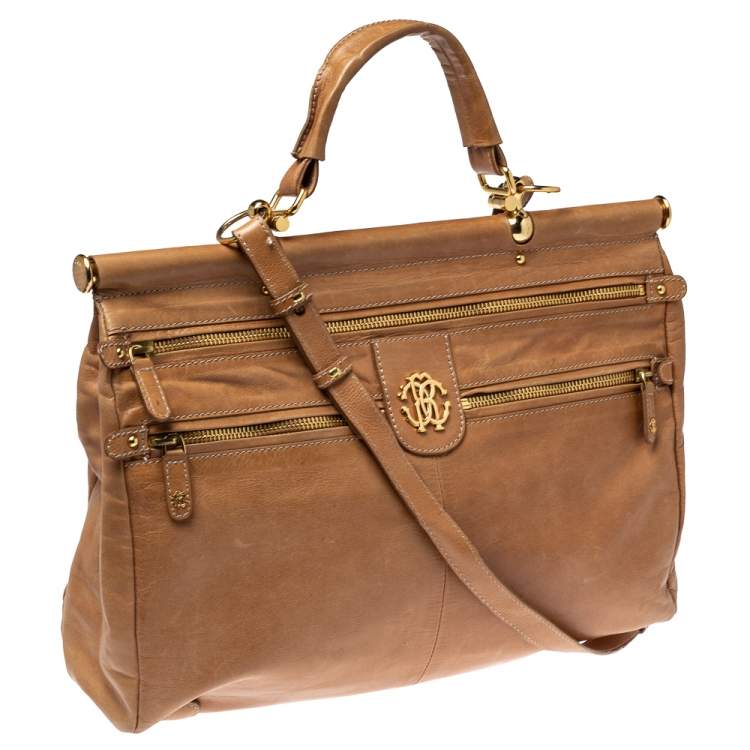Pre Owned Roberto Cavalli Tan Leather Multiple Pocket Top Handle Bag