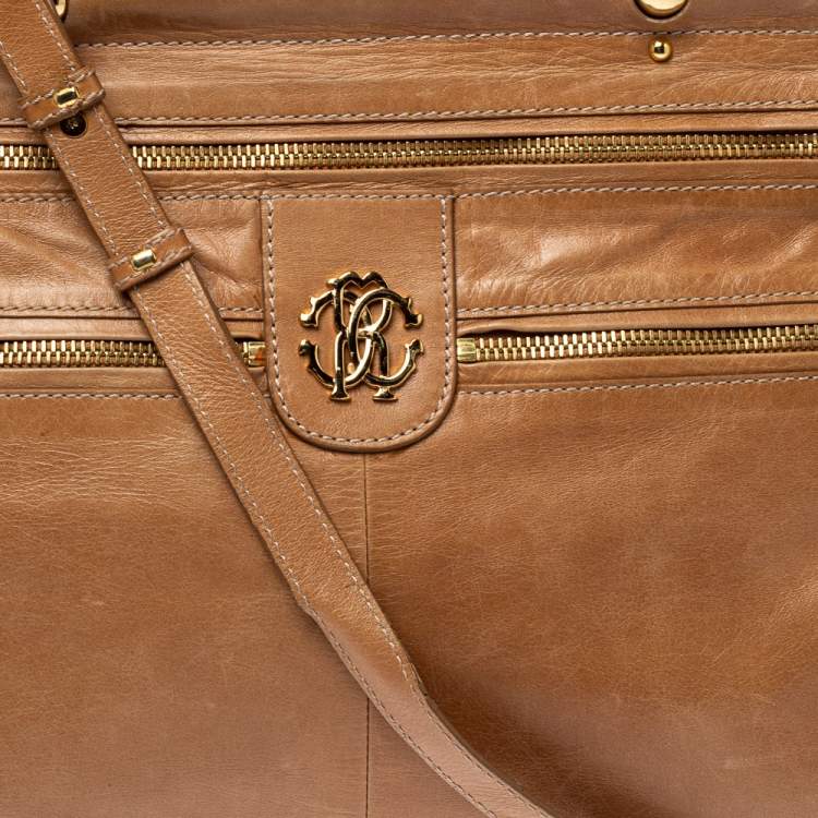 Pre Owned Roberto Cavalli Tan Leather Multiple Pocket Top Handle Bag