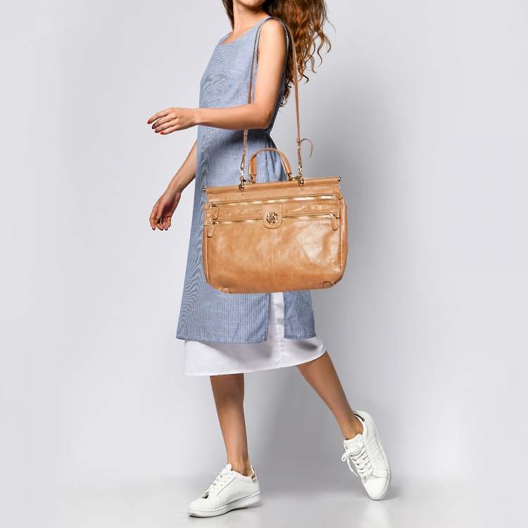 Pre Owned Roberto Cavalli Tan Leather Multiple Pocket Top Handle Bag