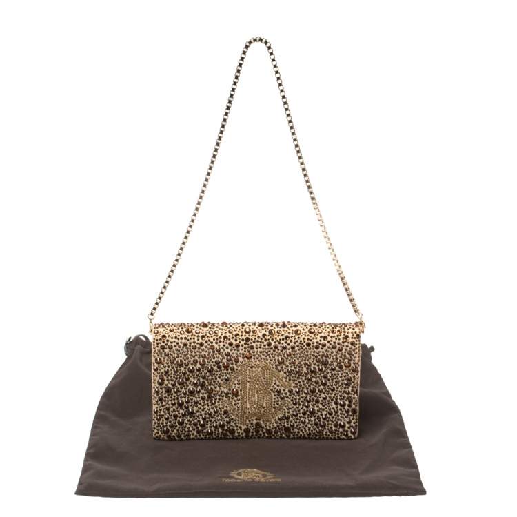 Pre Owned Roberto Cavalli Beige Suede Crystal Embellished Chain Clutch