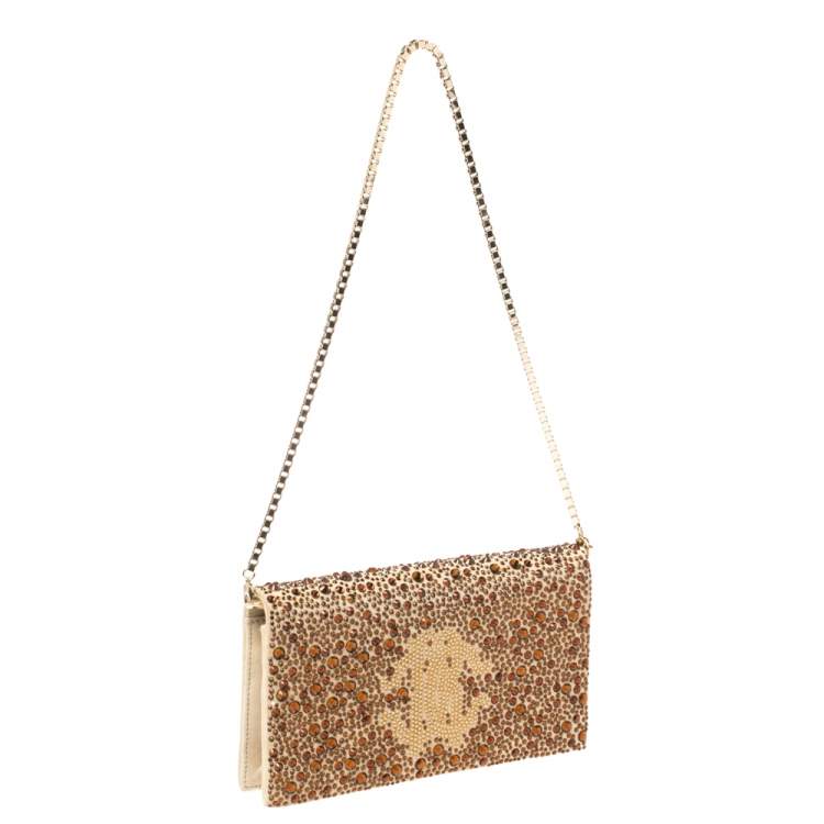 Pre Owned Roberto Cavalli Beige Suede Crystal Embellished Chain Clutch