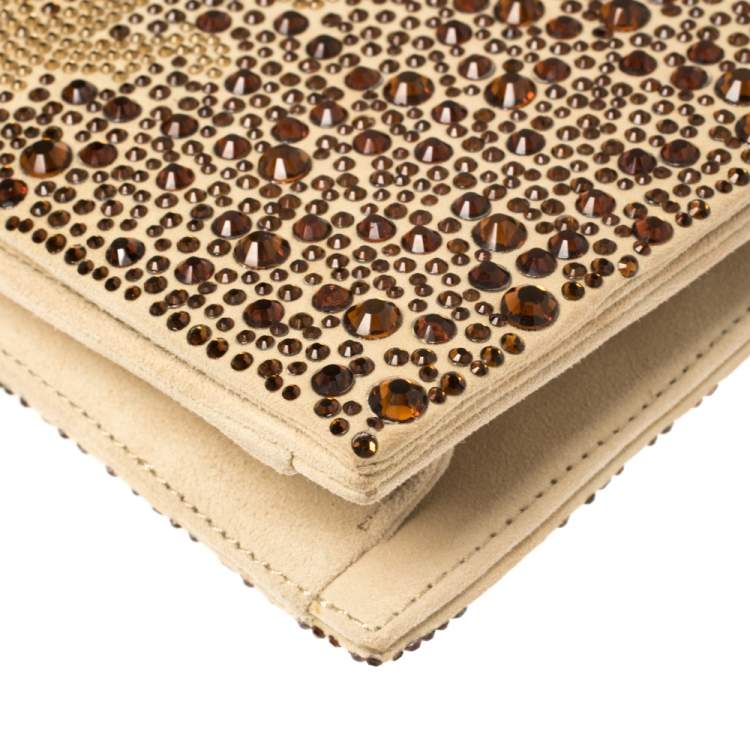 Pre Owned Roberto Cavalli Beige Suede Crystal Embellished Chain Clutch
