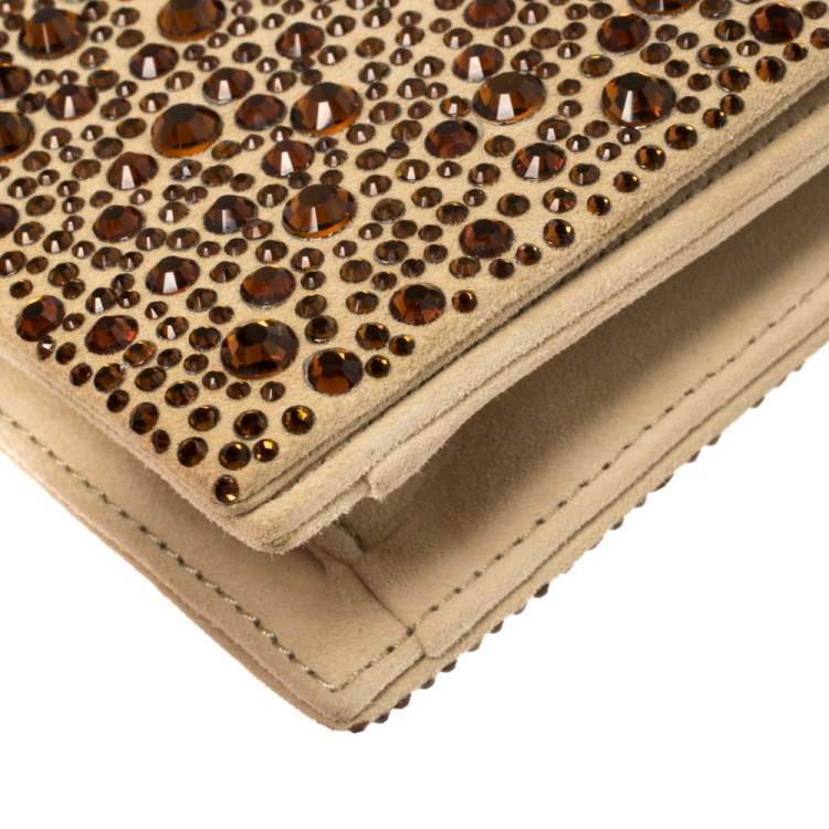 Pre Owned Roberto Cavalli Beige Suede Crystal Embellished Chain Clutch