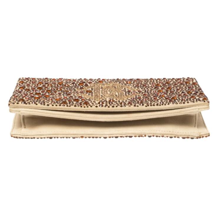 Pre Owned Roberto Cavalli Beige Suede Crystal Embellished Chain Clutch