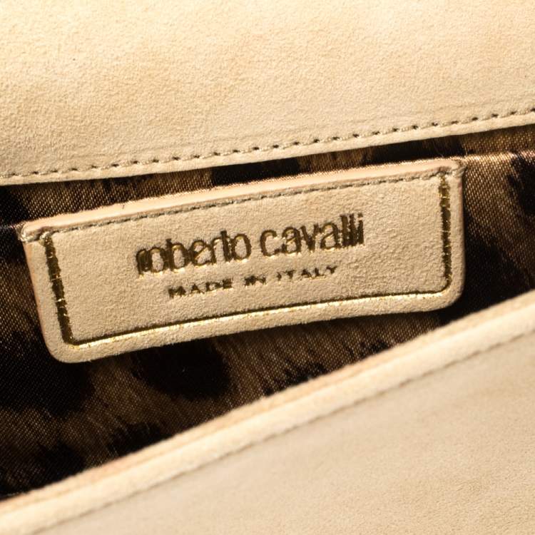 Pre Owned Roberto Cavalli Beige Suede Crystal Embellished Chain Clutch