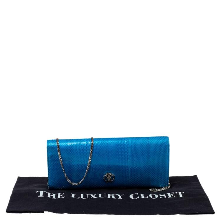 Pre Owned Roberto Cavalli Blue Snakeskin Flap Chain Clutch