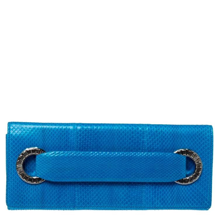 Pre Owned Roberto Cavalli Blue Snakeskin Flap Chain Clutch