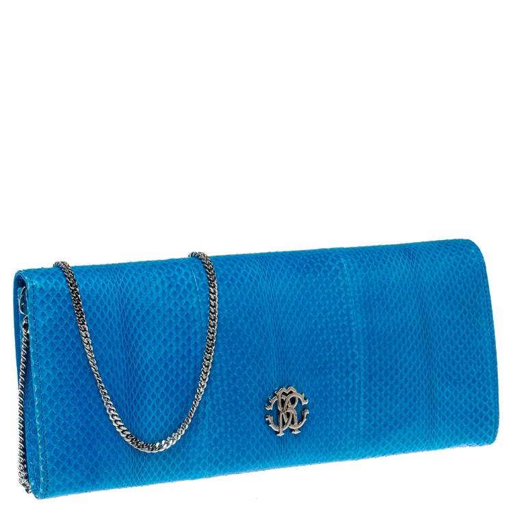 Pre Owned Roberto Cavalli Blue Snakeskin Flap Chain Clutch