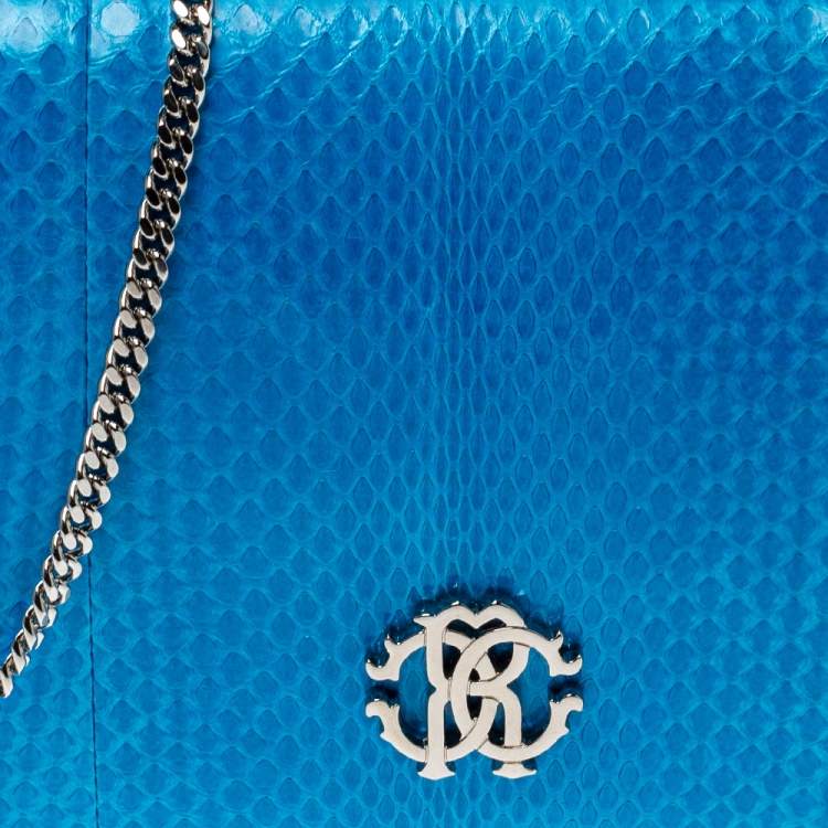 Pre Owned Roberto Cavalli Blue Snakeskin Flap Chain Clutch