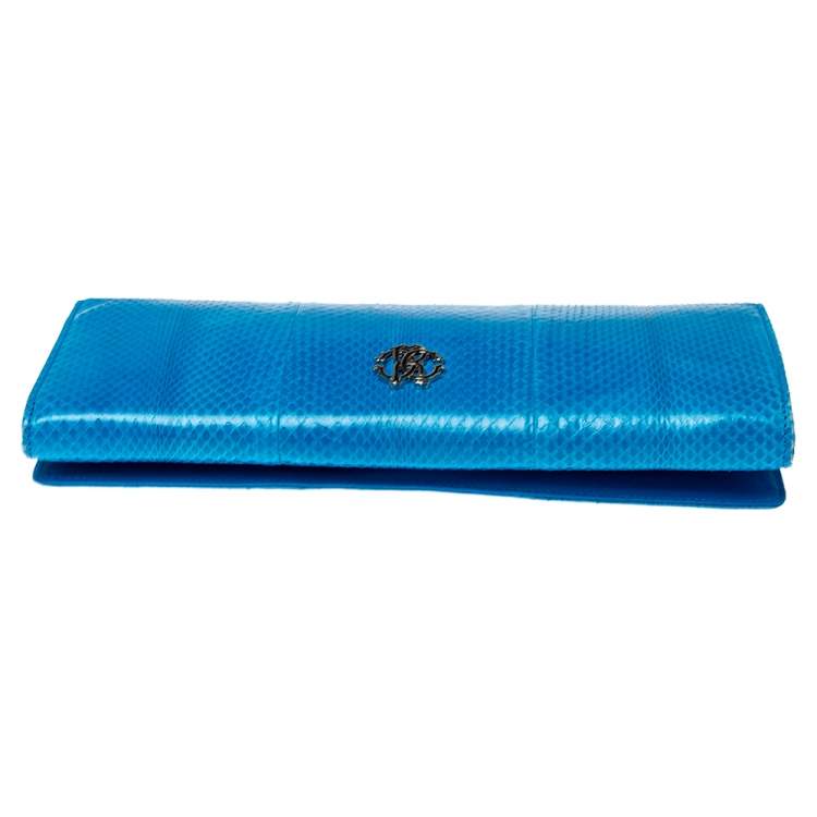 Pre Owned Roberto Cavalli Blue Snakeskin Flap Chain Clutch