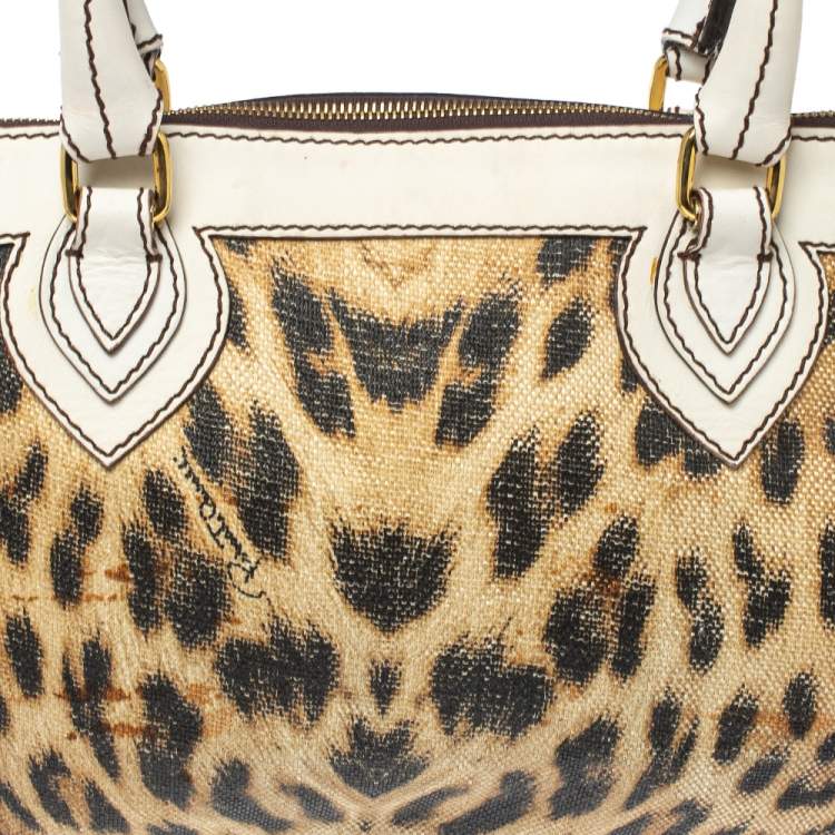 Pre Owned Roberto Cavalli Multicolor Printed Straw and Leather Zip Tote