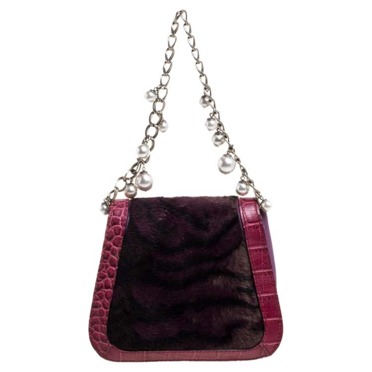Pre Owned Roberto Cavalli Purple Fur and Croc Embossed Leather Pearl Embellished  Chain Clutch