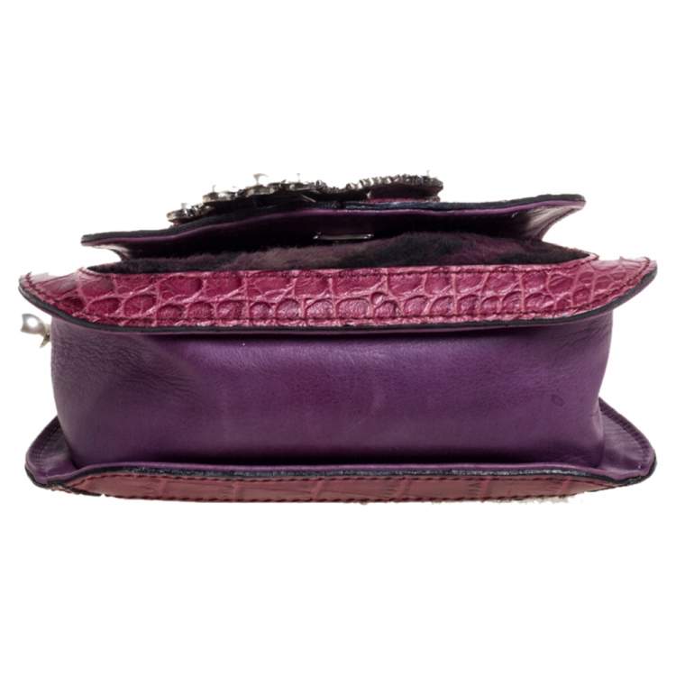 Pre Owned Roberto Cavalli Purple Fur and Croc Embossed Leather Pearl Embellished  Chain Clutch