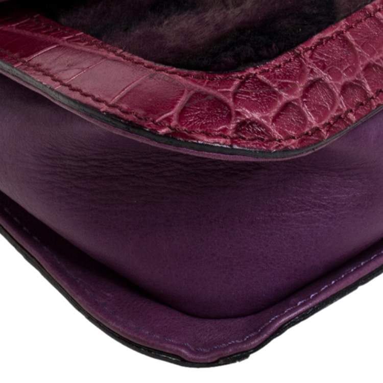 Pre Owned Roberto Cavalli Purple Fur and Croc Embossed Leather Pearl Embellished  Chain Clutch