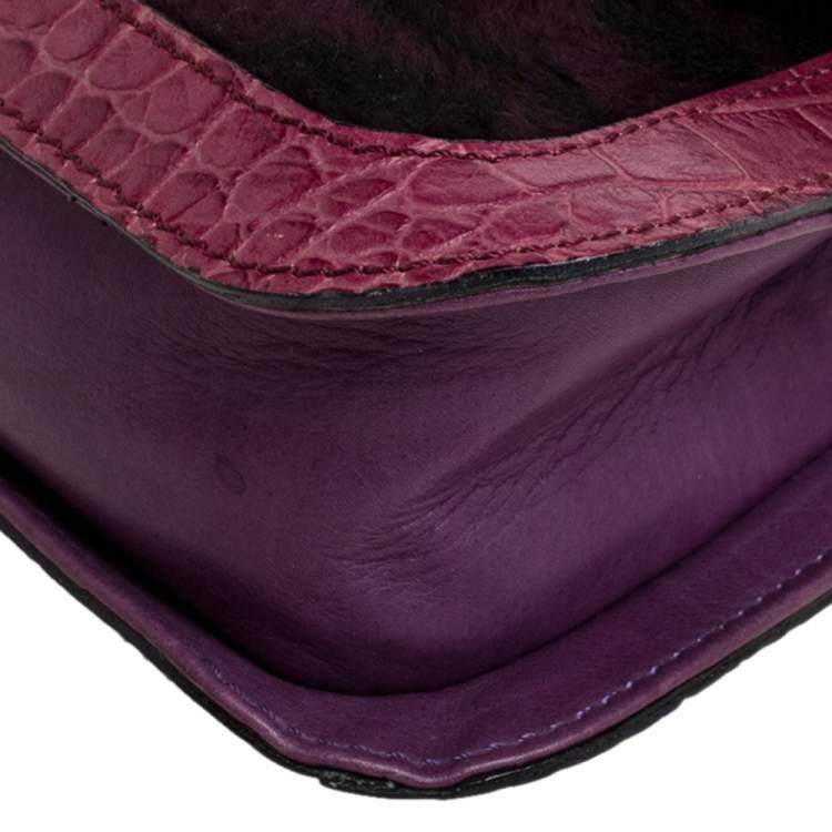 Pre Owned Roberto Cavalli Purple Fur and Croc Embossed Leather Pearl Embellished  Chain Clutch