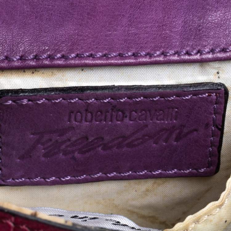 Pre Owned Roberto Cavalli Purple Fur and Croc Embossed Leather Pearl Embellished  Chain Clutch