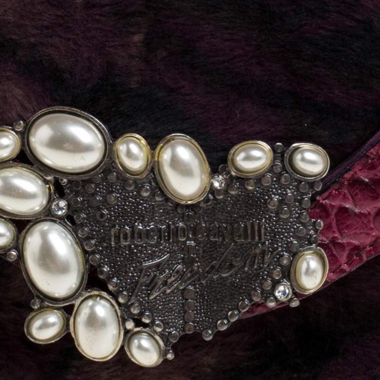 Pre Owned Roberto Cavalli Purple Fur and Croc Embossed Leather Pearl Embellished  Chain Clutch