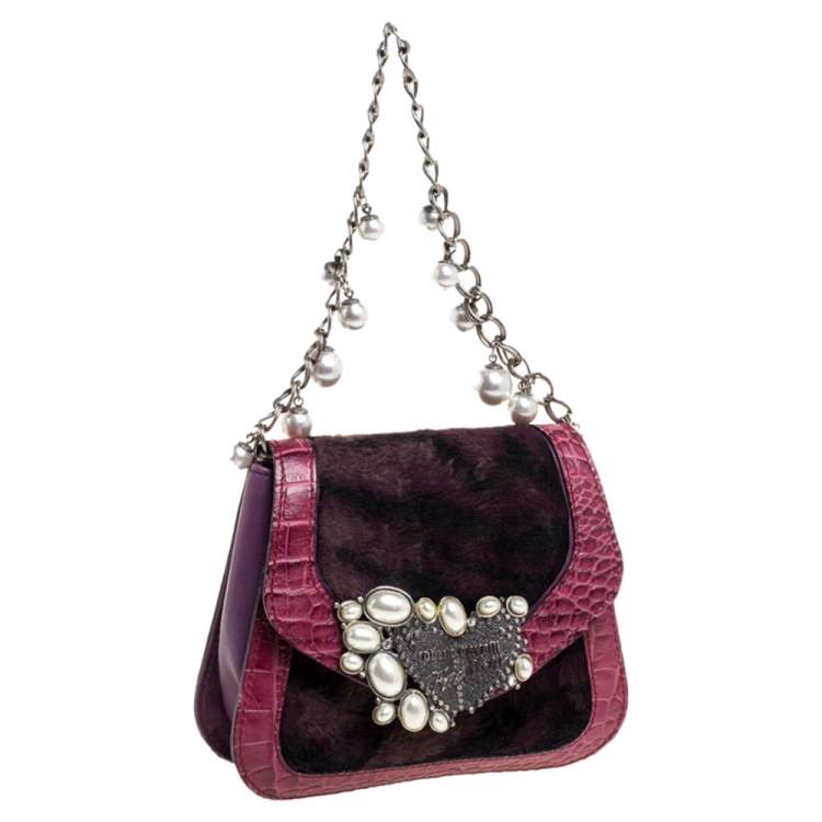Pre Owned Roberto Cavalli Purple Fur and Croc Embossed Leather Pearl Embellished  Chain Clutch
