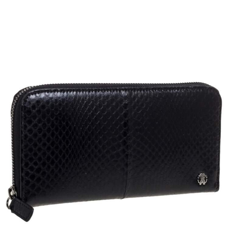 Pre Owned Roberto Cavalli Black Snakeskin Zip Around Wallet