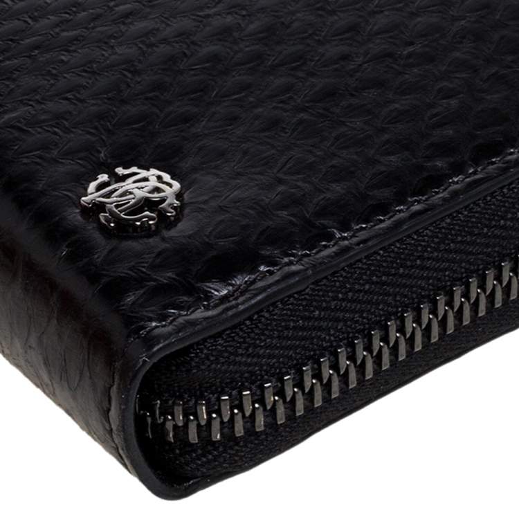 Pre Owned Roberto Cavalli Black Snakeskin Zip Around Wallet