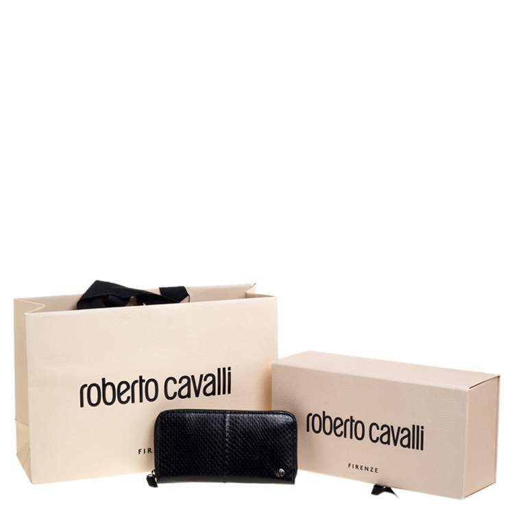 Pre Owned Roberto Cavalli Black Snakeskin Zip Around Wallet