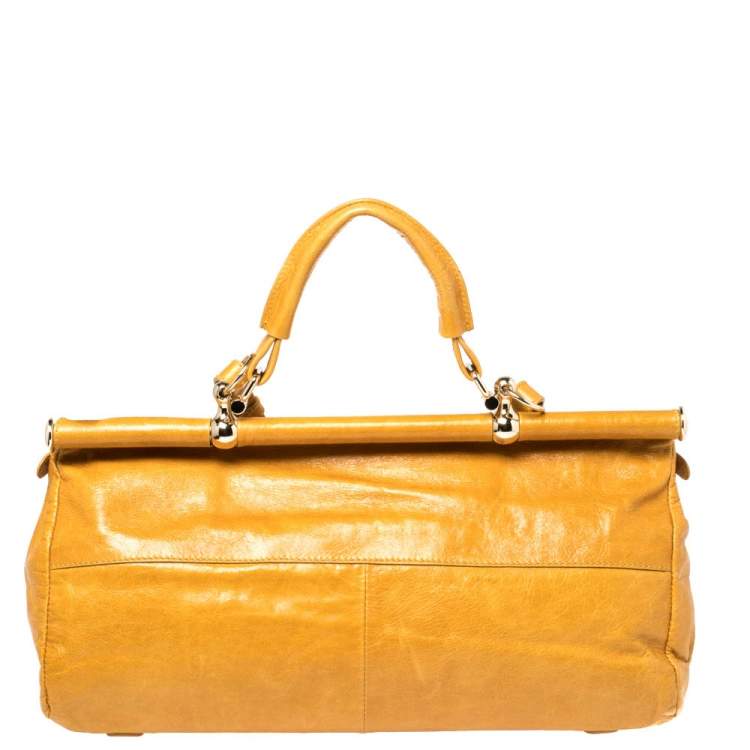 Pre Owned Roberto Cavalli Mustard Yellow Leather Mini Diva Top Handle Bag