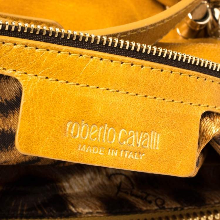 Pre Owned Roberto Cavalli Mustard Yellow Leather Mini Diva Top Handle Bag