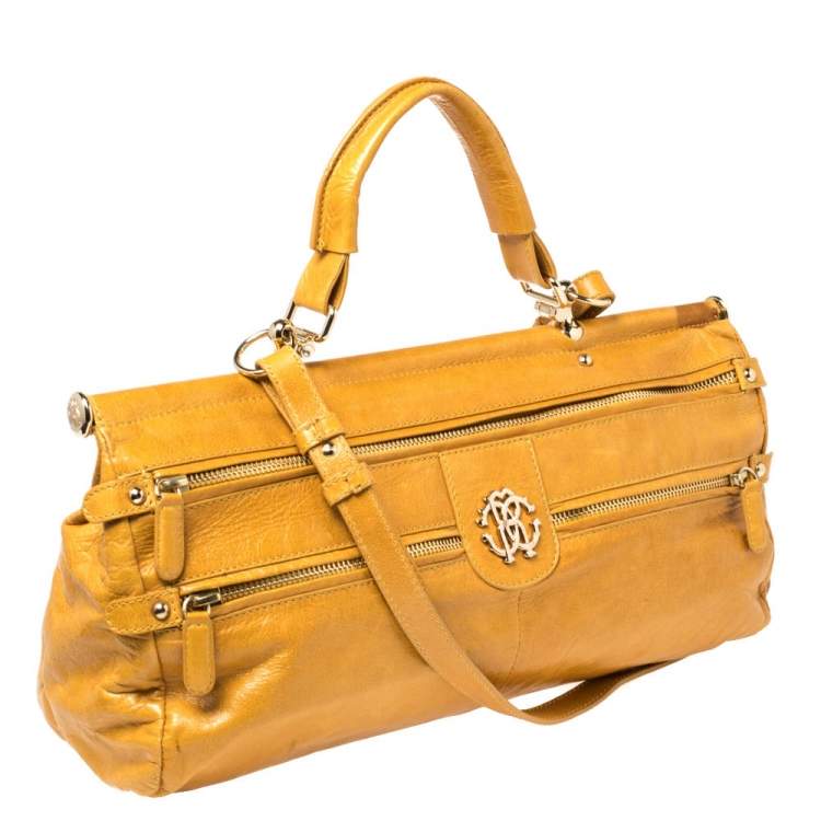 Pre Owned Roberto Cavalli Mustard Yellow Leather Mini Diva Top Handle Bag
