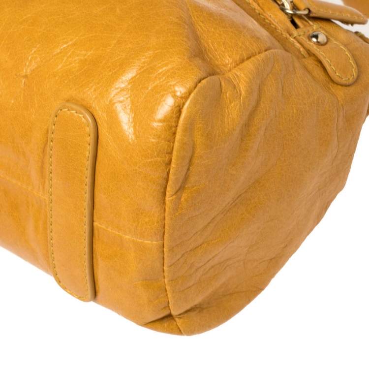 Pre Owned Roberto Cavalli Mustard Yellow Leather Mini Diva Top Handle Bag