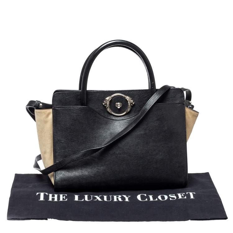 مملوكة مسبقًا Roberto Cavalli Black/Beige Leather And Suede Lion Head Lock Tote   