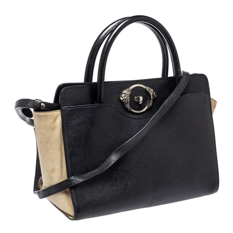 مملوكة مسبقًا Roberto Cavalli Black/Beige Leather And Suede Lion Head Lock Tote   
