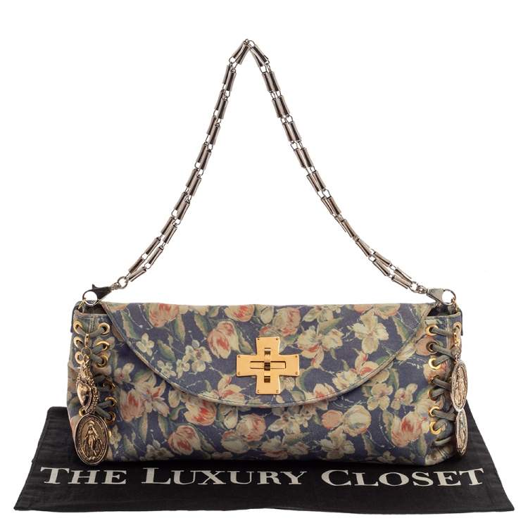 Pre Owned Roberto Cavalli Multicolor Floral Print Suede Turnlock Flap Shoulder Bag
