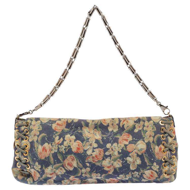 Pre Owned Roberto Cavalli Multicolor Floral Print Suede Turnlock Flap Shoulder Bag