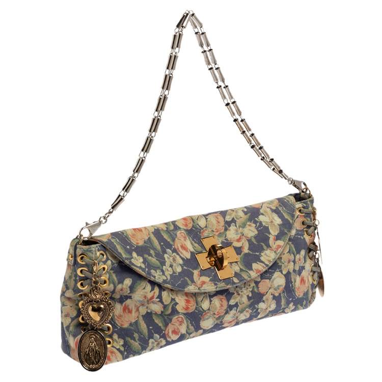Pre Owned Roberto Cavalli Multicolor Floral Print Suede Turnlock Flap Shoulder Bag