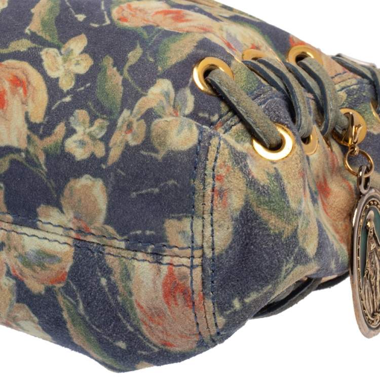 Pre Owned Roberto Cavalli Multicolor Floral Print Suede Turnlock Flap Shoulder Bag