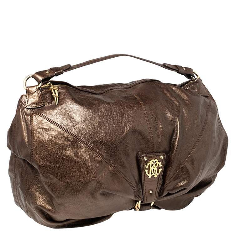 Pre Owned Roberto Cavalli Metallic Brown Leather RC Logo Hobo