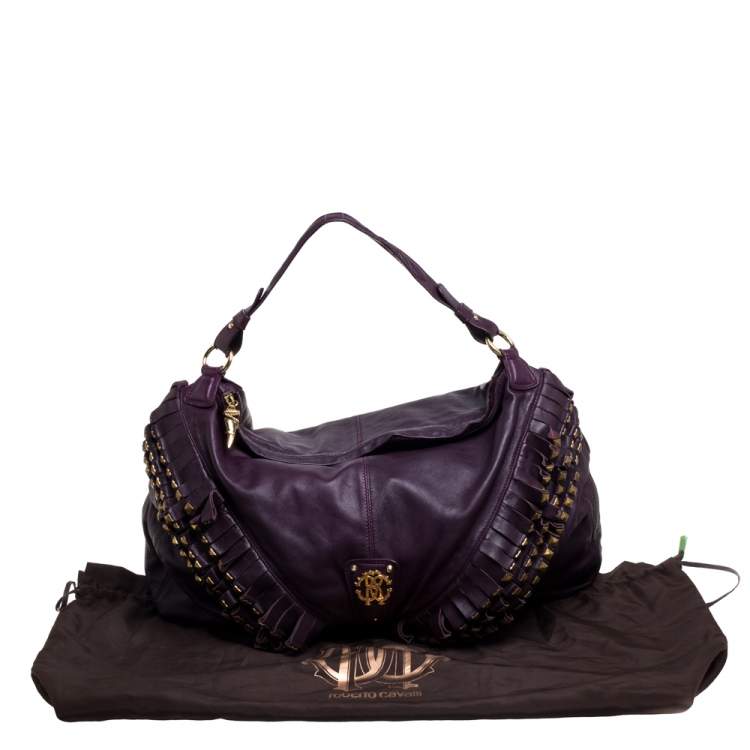 Pre Owned Roberto Cavalli Purple Leather Studded Fringe Hobo
