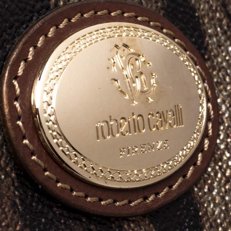 Pre Owned Roberto Cavalli Brown/Gold Leopard Print Coated Canvas and Leather Pochette